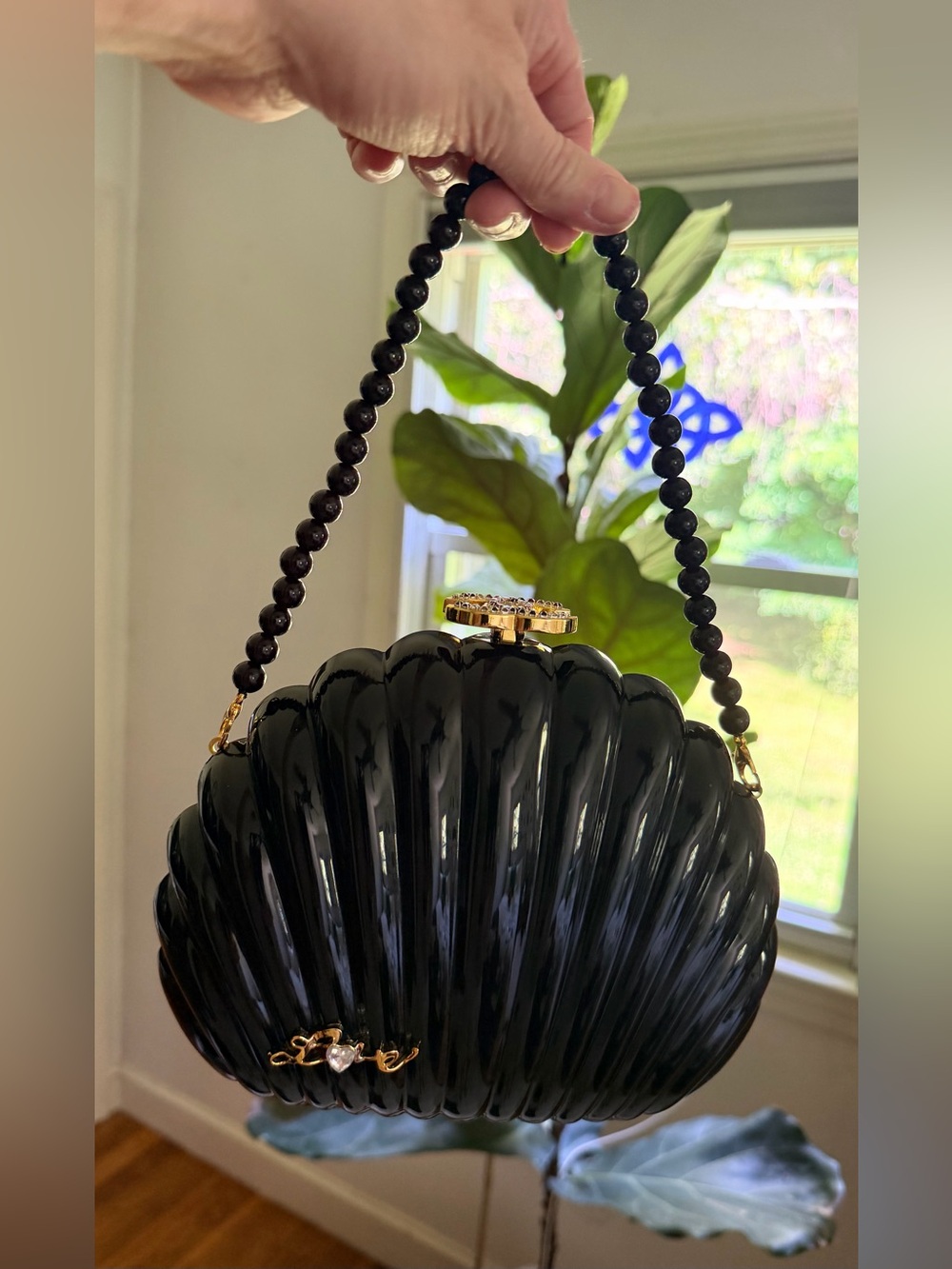 Source Unknown Black Shell Bag on Chain/Pearl Strap w Colorful Crystal ‘CC’ Top